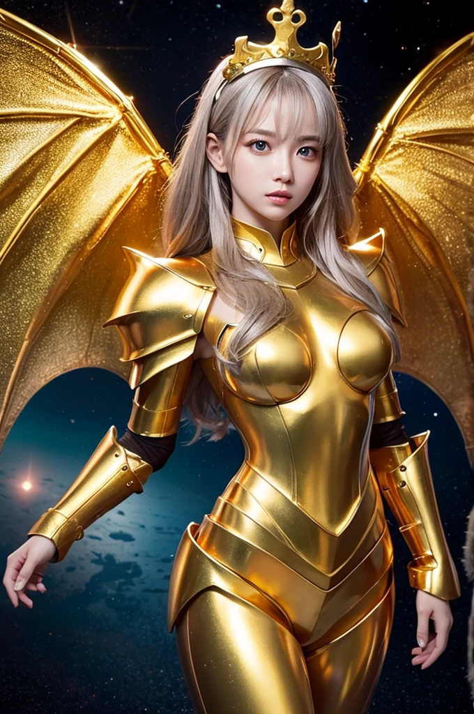Ultra HD、Ultra-clear、Beautiful Face、Dragon Warrior、Covered entirely in golden armor、Holy knight in golden armor、Golden Tiara、Golden armor covered in sculptures、Heavy golden armor、crystal clear green eyes、Silver Hair、Big Breasts、Outer space background、