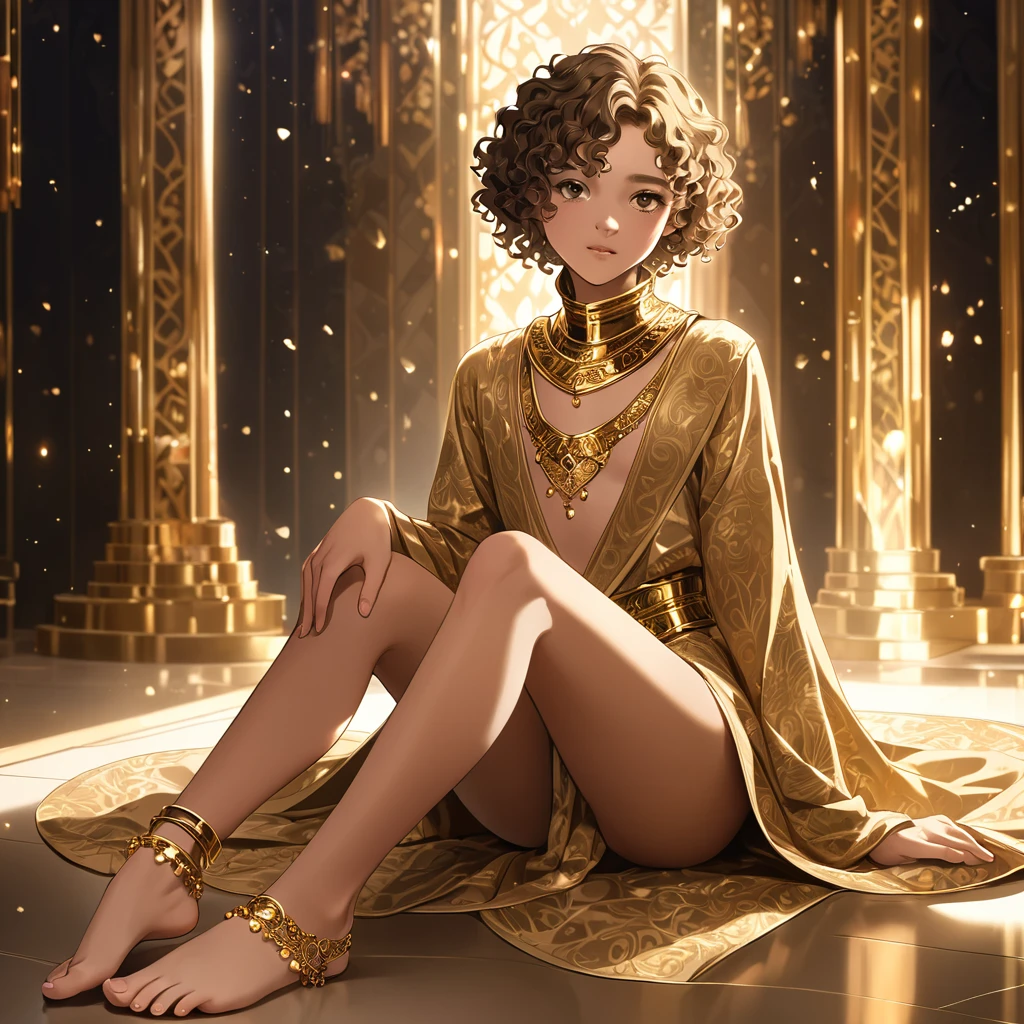  teenage femboy with short and curly hair, light skin complexion, wearing royal gold neck brace and royal gold anklet, bare feet, wearing a long royal robe that's exposed  from the thigh, luxurious, fancy, rich, soft lighting, intricate details, slightly feminine pose, perfect feet (+++)