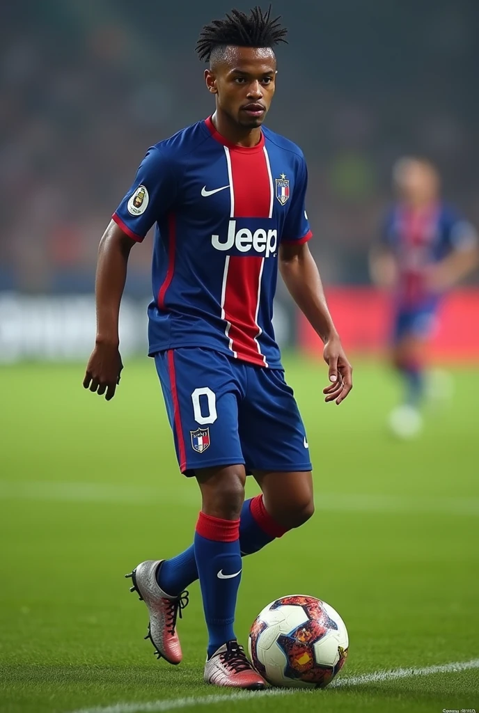 Joueur de foot avec un maillot lyonnais lyon de 17ans
Taille : 1m86
Poids : 
68kg
physique :
Visage : normal
Carnation : renoi
Yeux : marrons 
Sourcils : peu epais
Nez : petit
Bouche : normale
Pommettes et mâchoire : carrés
Menton : normal 
Oreilles : normal
Cheveux : mid taper ???? en V
Pilosité : légère moustache 
Il a le ballon aux pieds