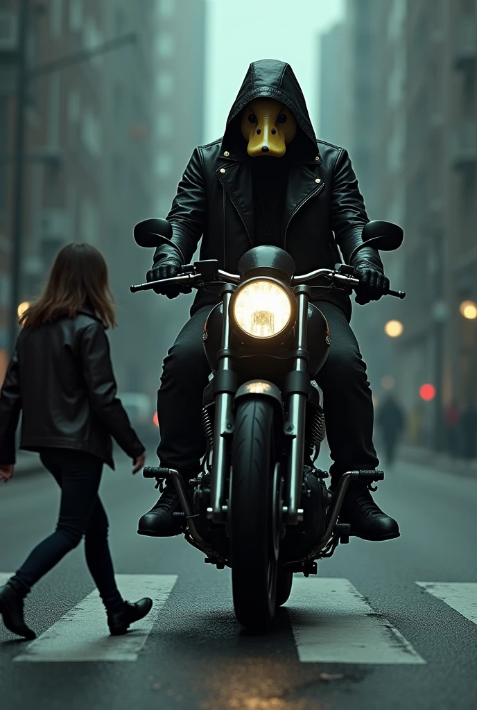 dark black biker with duck head, pedestrian crossing person walking