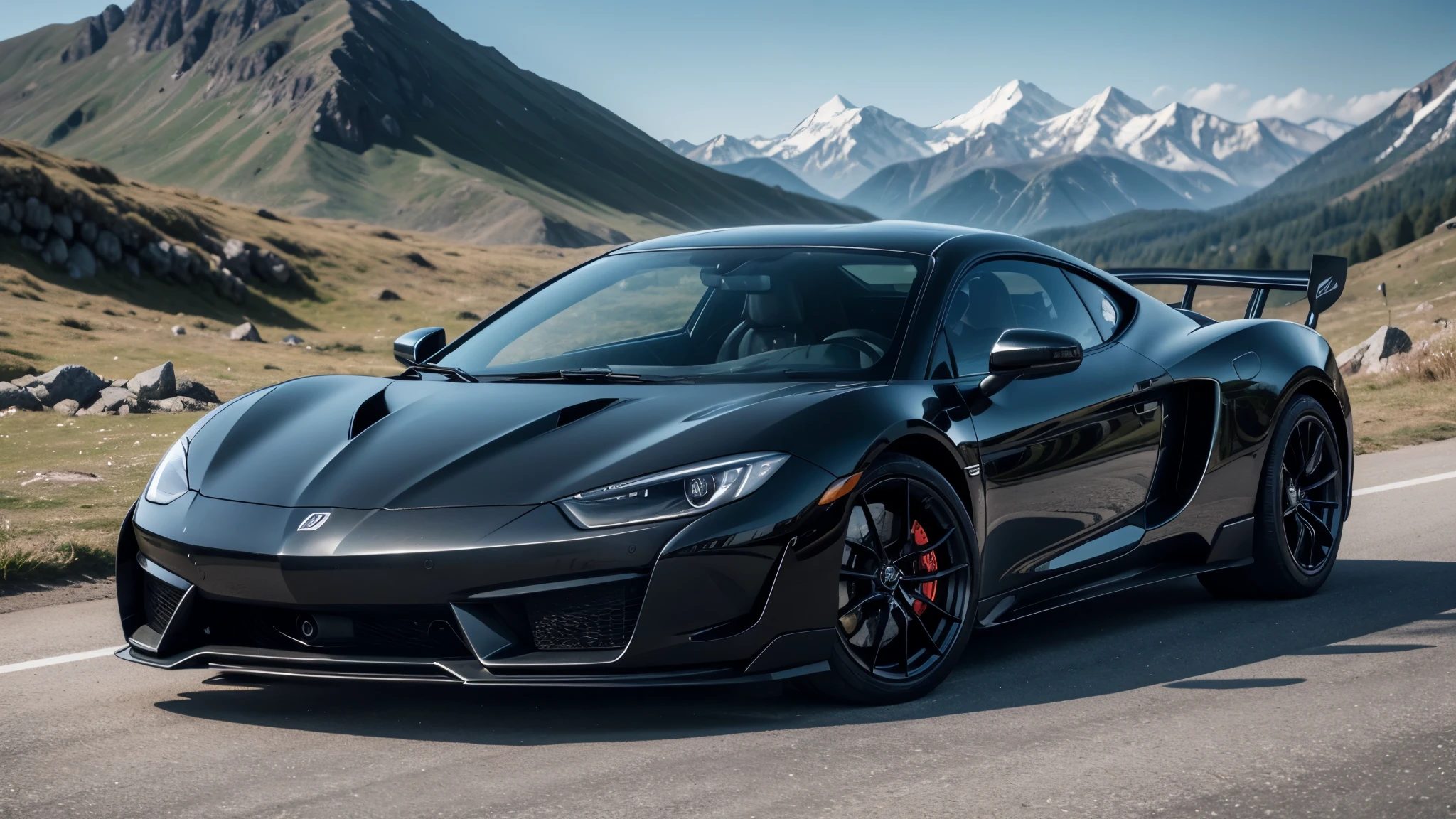 supercar in the montains, cinamatográfico, professional photograpy, black car