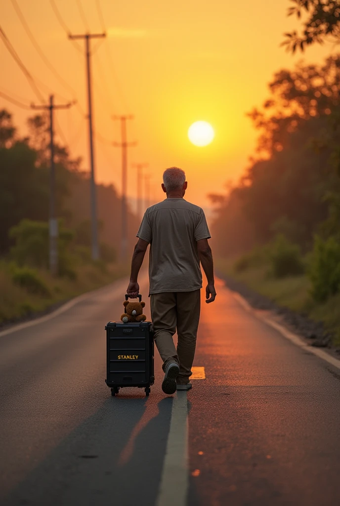 45 year old Venezuelan man carrying a wheeled Stanley toolbox walking facing the sun on a straight asphalt road, on one side desert and on the other side green vegetation leading to the sunset and in the box a small brown teddy bear