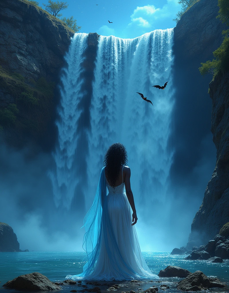a facial portrait picture of an exquisite beautiful female African vampire standing under the starry night sky at the base of the waterfall, ultra feminine, black skin, dynamic hair color, wavy hair, dynamic eyes color, cold eyes, glowing eyes, intense eyes, dark red lips, wearing white dress, wearing blue cloak, water coming down from a mountain, multi level water falls, several pools created in different levels, forming new waterfalls, water cascading into a pool steam rising, clear water in many hues of blue and azure falling, ultra best realistic, best details, best quality, 16k, [ultra detailed], masterpiece, best quality, (extremely detailed), photorealism, depth of field, hyper realistic painting, sky full of stars background, moon, bats flying about, high details, best quality, 8k, [ultra detailed], masterpiece, best quality, (ultra detailed),