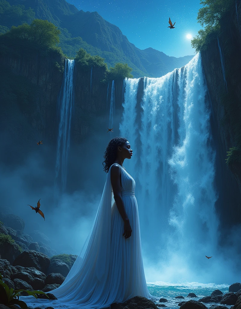 a facial portrait picture of an exquisite beautiful female African vampire standing under the starry night sky at the base of the waterfall, ultra feminine, black skin, dynamic hair color, wavy hair, dynamic eyes color, cold eyes, glowing eyes, intense eyes, dark red lips, wearing white dress, wearing blue cloak, water coming down from a mountain, multi level water falls, several pools created in different levels, forming new waterfalls, water cascading into a pool steam rising, clear water in many hues of blue and azure falling, ultra best realistic, best details, best quality, 16k, [ultra detailed], masterpiece, best quality, (extremely detailed), photorealism, depth of field, hyper realistic painting, sky full of stars background, moon, bats flying about, high details, best quality, 8k, [ultra detailed], masterpiece, best quality, (ultra detailed),