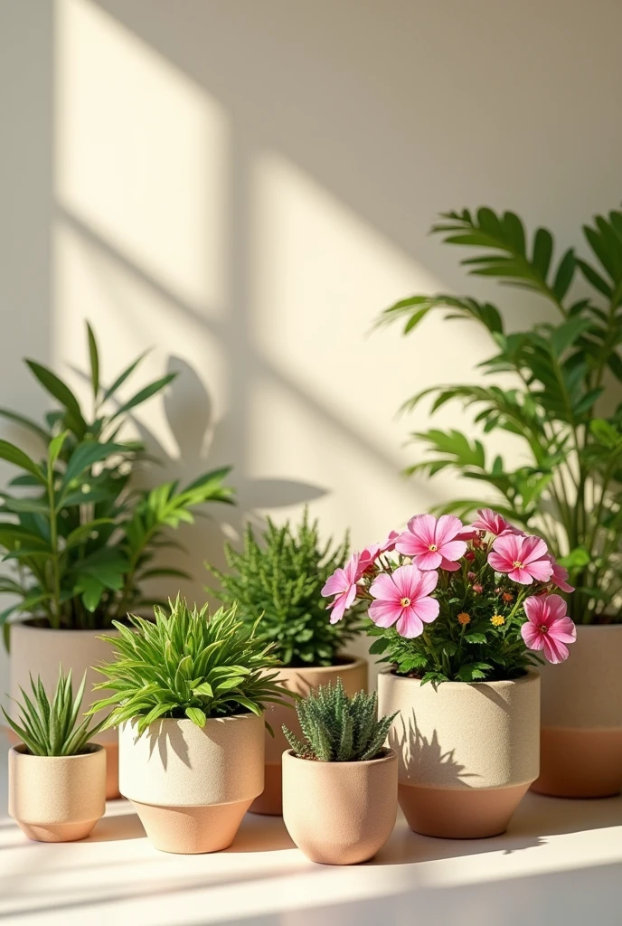 Product Photography |pots with different types of home flowers
| Natural, minimalistic background | Medium shot, centered | Soft, natural lighting | Earth-friendly materials; Gentle color palette; Organized layout --v 6.1 --ar 16:9 --style raw
