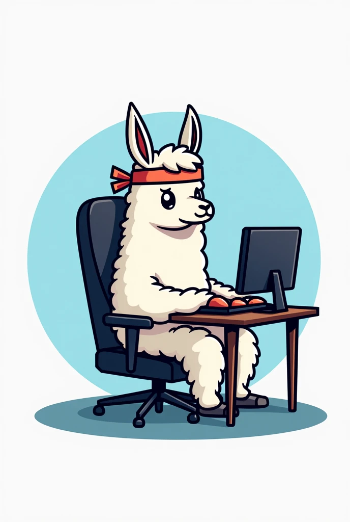 logo of llama sitting on gaming chair , with headband ,playing on pc ,