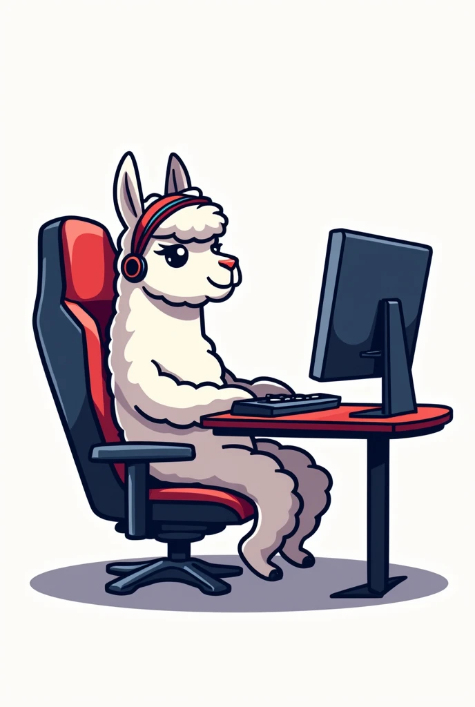logo of llama sitting on gaming chair , with headband ,playing on pc ,