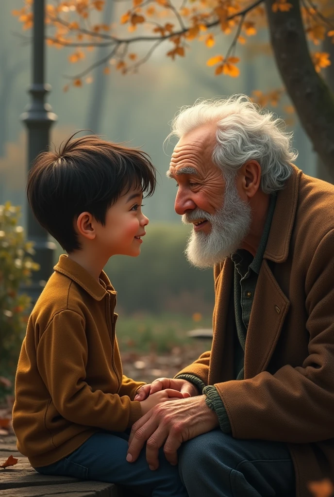 A young boy smiling, talking to an old man with a realizing face