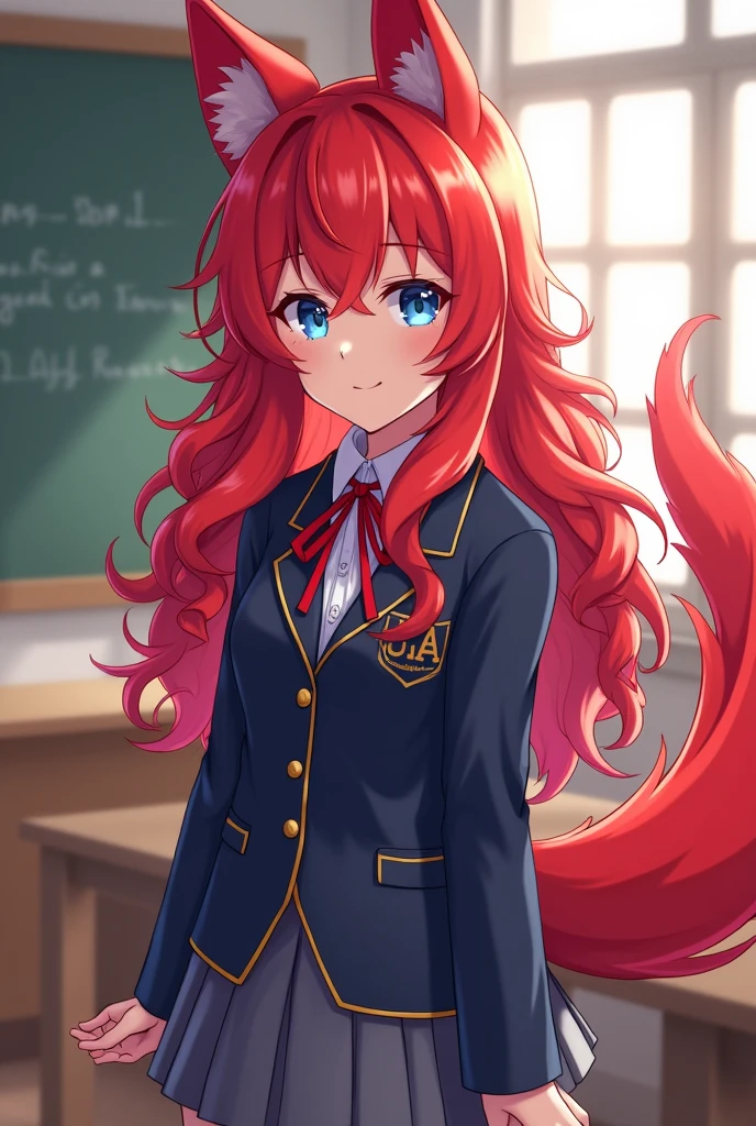 Anime character with long curly red hair, Red ears and animal tail, with blue eyes wearing the UA uniform and in the background he is in a UA class