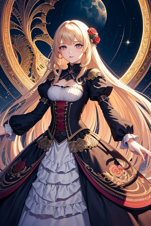 (masterpiece, Highest quality, Highest quality, Official Art, beautifully、aesthetic:1.2), (1 girl), Very detailed,(Fractal Art:1.3),colorful,Most detailed,Blonde long hair,Red eyes,Moonlit Night,Rose