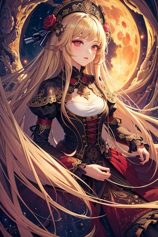 (masterpiece, Highest quality, Highest quality, Official Art, beautifully、aesthetic:1.2), (1 girl), Very detailed,(Fractal Art:1.3),colorful,Most detailed,Blonde long hair,Red eyes,Moonlit Night,Rose