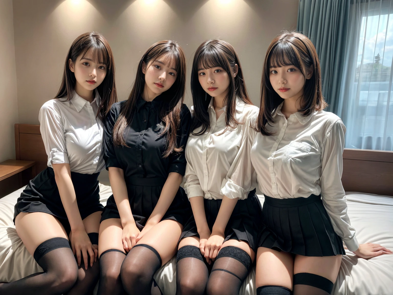 masterpiece, best quality, illustration, Super detailed, fine details, High resolution, 8K,wall paper, perfect dynamic composition,(Details High quality, realistic depiction of eyes:1.3), (3 girls), (collared shirt:1.1), pleated skirt, knee high socks, sitting, open legs, short bob hair, in a hotel room in the background, deep on field, large breasts, black hair color, Big Natural Color Lip, (perfect body shape), crying a little、Harajuku style、20 year old girl、cute type、beautiful legs, Gravure Idol