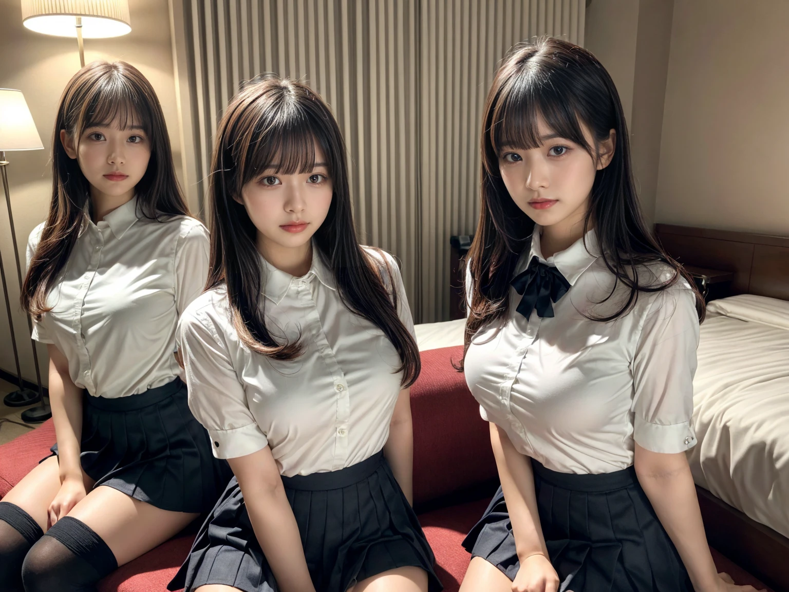 masterpiece, best quality, illustration, Super detailed, fine details, High resolution, 8K,wall paper, perfect dynamic composition,(Details High quality, realistic depiction of eyes:1.3), (3 girls), (collared shirt:1.1), pleated skirt, knee high socks, sitting, open legs, short bob hair, in a hotel room in the background, deep on field, large breasts, black hair color, Big Natural Color Lip, (perfect body shape), crying a little、Harajuku style、20 year old girl、cute type、beautiful legs, Gravure Idol
