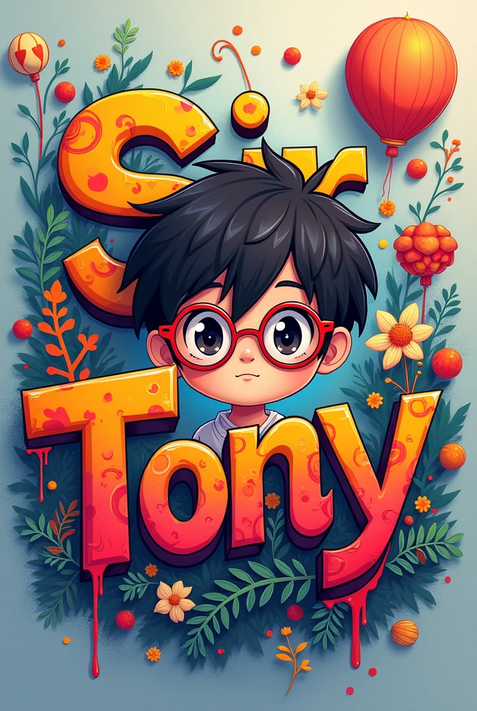 Graffiti letters that say "SirTony" with boy in circular glasses anime background