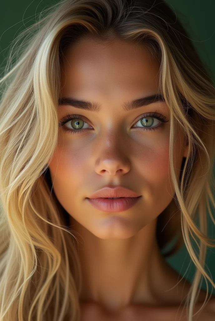 A Brazilian woman, 18-years old, dark green eyes, hair blonde, long and wavy. Delicate face but with gentle features and eyes. 