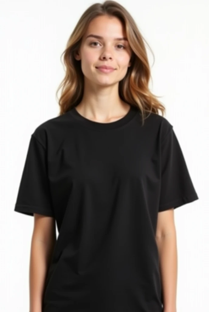 young woman in plain black unisex t-shirt, on a white background. Fully visible.