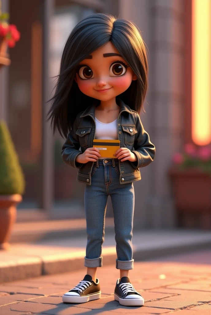 3D character from Disney animation, Pixar style, full body, smiling, brown eyes with beautiful eyelashes, the glamorous one, shoulder-length straight black hair, denim clothes, jacket, black tennis shoes, clean bottom. cinematic lighting, ray tracing, high details, 3D rendering with hands on waist and holding a credit card