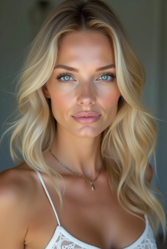 ((BLONDE)), ((BIGGER BREASTED)), (Pretty face), (structured jaw line), (Beautiful Woman), White, woman, blue eyes, her name is Pam