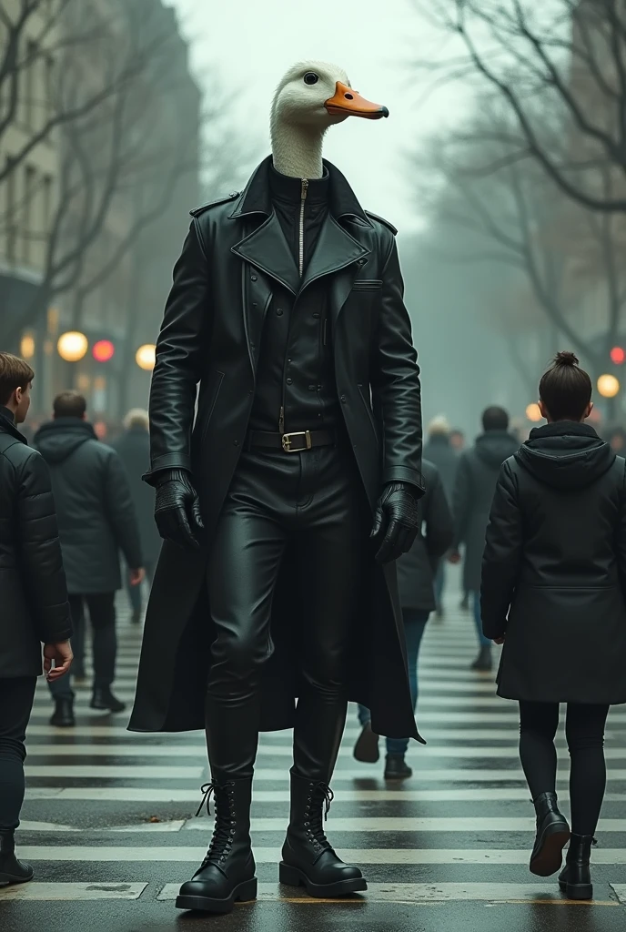 dark black biker with duck head, pedestrian crossing people walking