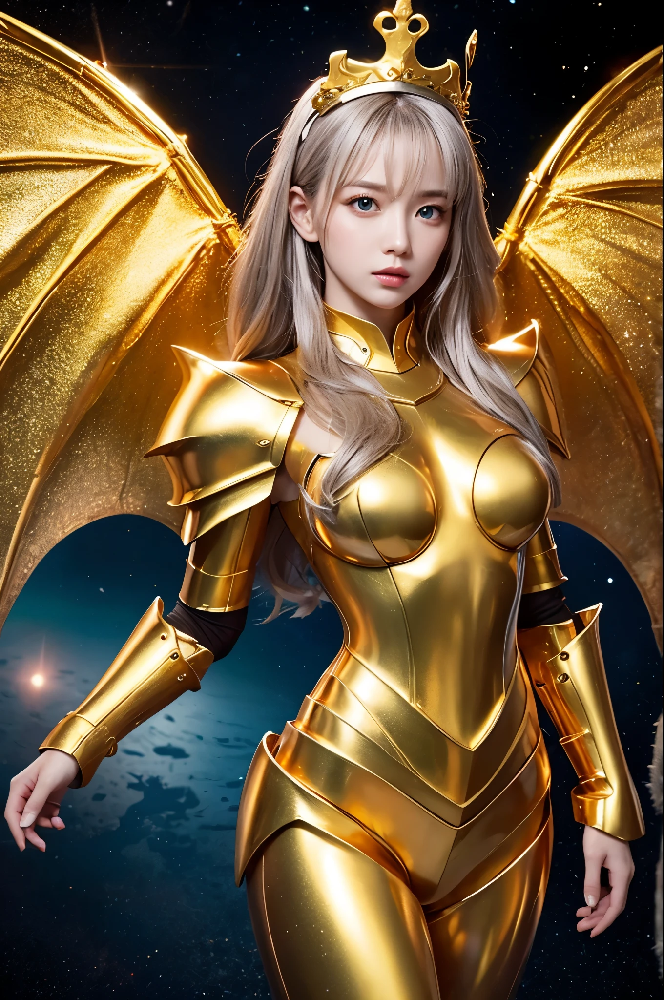 Ultra HD、Ultra-clear、Beautiful Face、Dragon Warrior、Covered entirely in golden armor、Holy knight in golden armor、Golden Tiara、Golden armor covered in sculptures、Heavy golden armor、crystal clear green eyes、Silver Hair、Big Breasts、Outer space background、