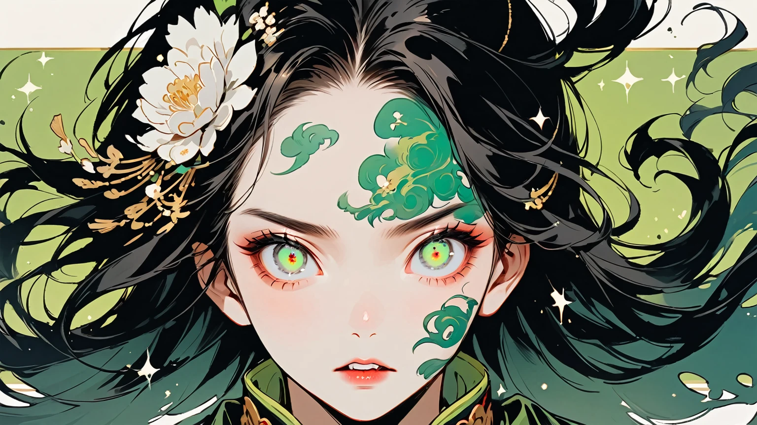 Ink painting, (((1 girl)), (((White teeth))), (((Great hair accessories))), Demon possession, (((White eyes with an inscription inside them))),Face up close, Japanese beauty, White hair, Sensitive and precise, Modern Ukiyo-e style, (((Thick, shiny, medium-length black hair with curly strands that fall over the forehead.))), (((Wide, sharp eyes of bright green color, with a slight sparkle.)))Fair-skinned with a small scar on the cheek or above the eye, wears a uniform similar to that of traditional demon hunters in anime with special touches such as a different color or additional details such as an ornate belt or a long robe in dark colors, his facial expressions are often serious or wary, with a deep look that indicates his experience and expertise in battles,