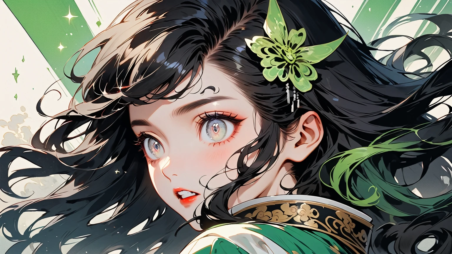 Ink painting, (((1 girl)), (((White teeth))), (((Great hair accessories))), Demon possession, (((White eyes with an inscription inside them))),Face up close, Japanese beauty, White hair, Sensitive and precise, Modern Ukiyo-e style, (((Thick, shiny, medium-length black hair with curly strands that fall over the forehead.))), (((Wide, sharp eyes of bright green color, with a slight sparkle.)))Fair-skinned with a small scar on the cheek or above the eye, wears a uniform similar to that of traditional demon hunters in anime with special touches such as a different color or additional details such as an ornate belt or a long robe in dark colors, his facial expressions are often serious or wary, with a deep look that indicates his experience and expertise in battles,