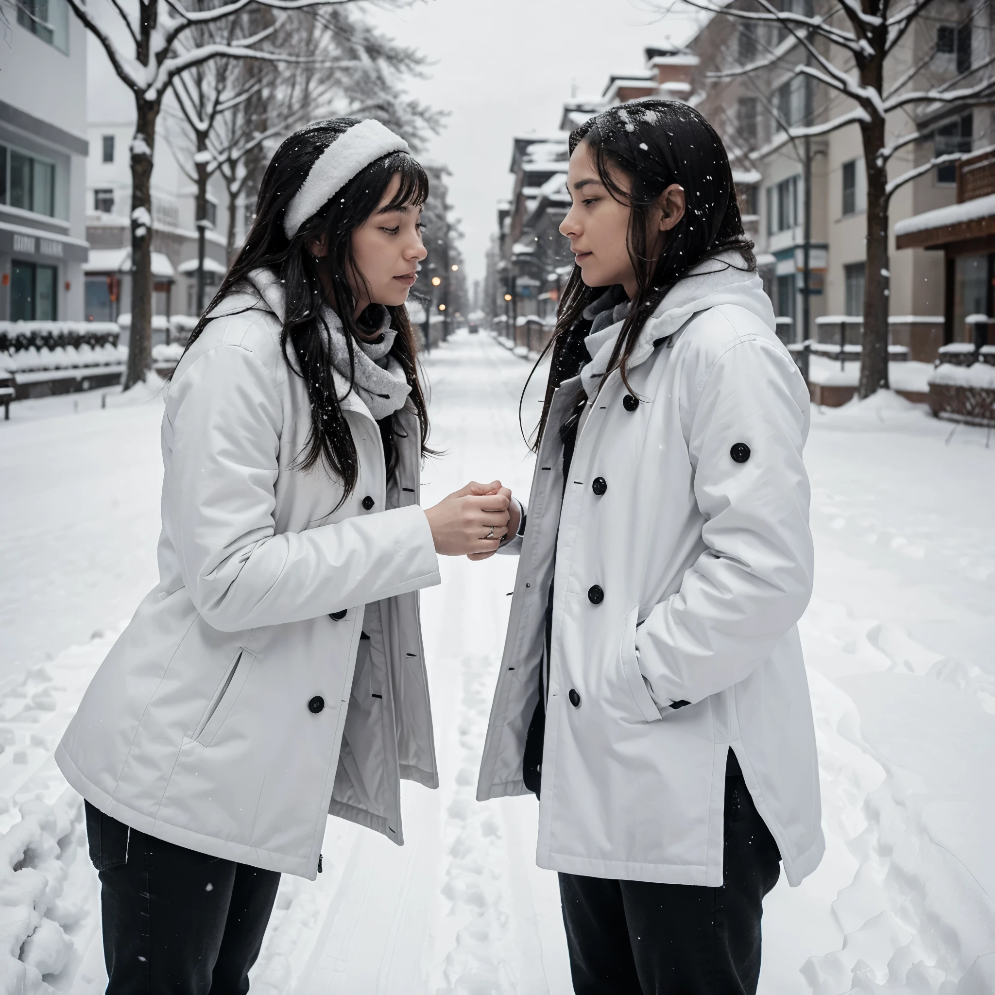 I want an image where I can see the title "Time of Love" where a man and a woman are looking for each other in the snow. Let it be creepy and in black and white