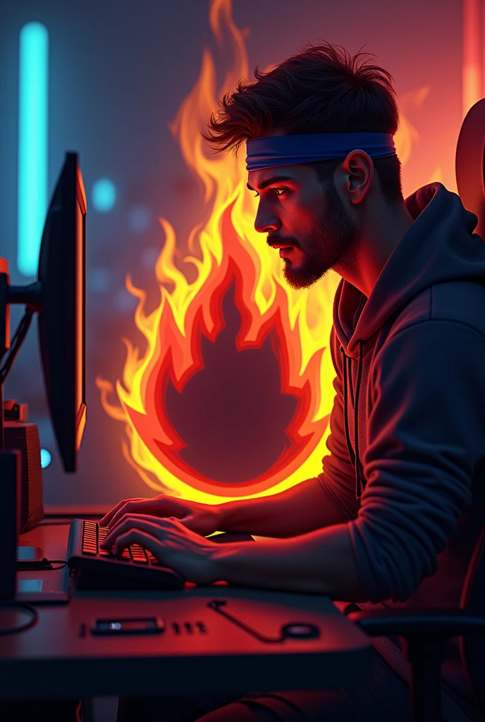 flame logo sex male sitting in gamer chair , with headband ,playing on pc