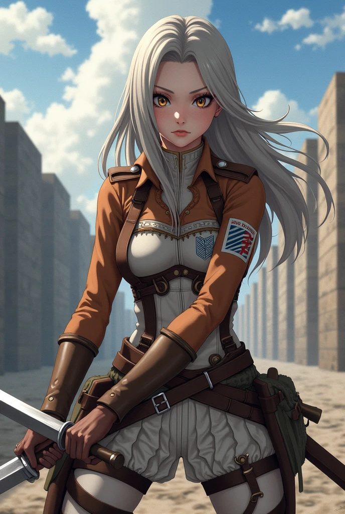 A white skin woman, with long gray blond hair, brown eyes, pink lips, serious expression, with attack on titan legion clothes, with two swords from attack on titan, full body, fighting pose , mappa studio style, with an attack on titan background, isayama hajime draw style