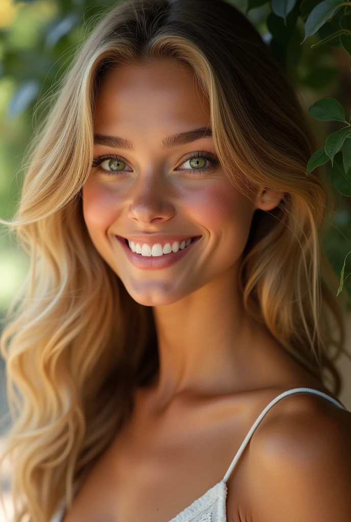 A Brazilian woman, 18-years old, dark green eyes, hair blonde, long and wavy. Delicate face but with gentle features and eyes. Young and beautiful smile 