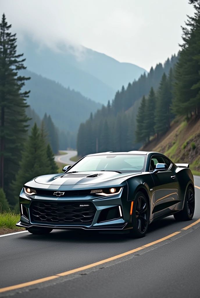 A Chevrolet Camaro at the start of a mountain road in Japan, ready for the Toge with its details subtly changing to look more like a 2020 model