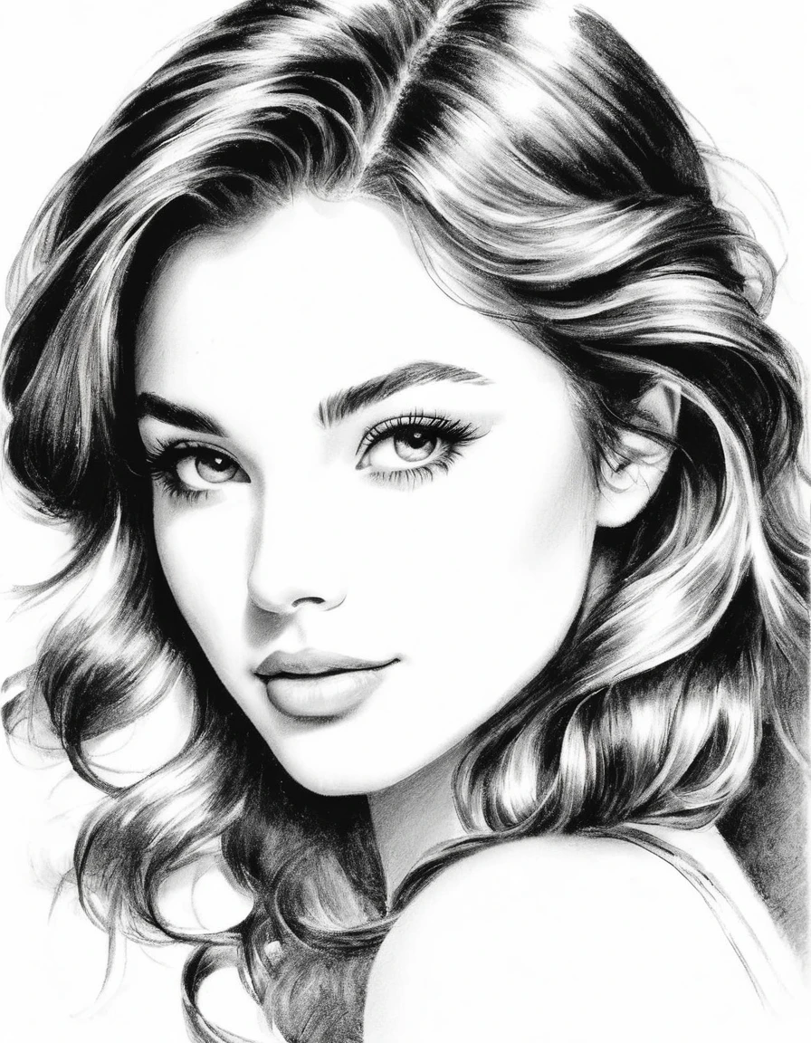 A stunning, black and white sketch photoshoot of a beautiful woman with delicate, pencil-drawn features and a soft, dreamy expression. Highly detailed, with intricate shading and a range of tones from deep blacks to bright whites. Captured with a normal lens and a classic, timeless composition that emphasizes the woman's natural beauty and the artist's skilled, expressive linework.