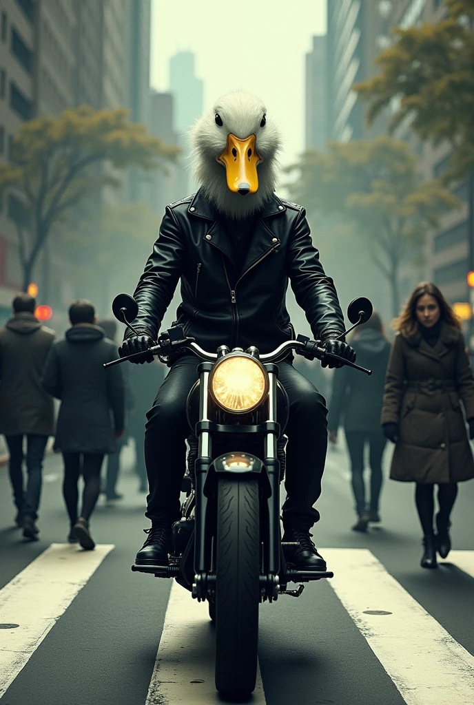 dark black biker with duck head, pedestrian crossing Several people 