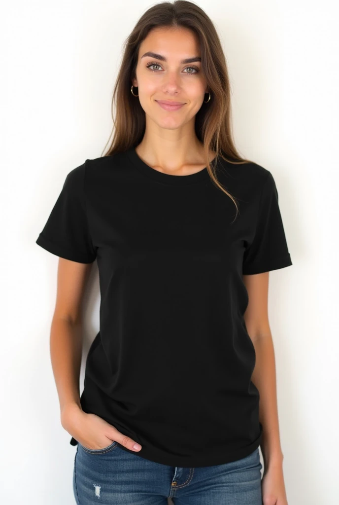 young woman in plain black unisex t-shirt, on a white background. Fully visible.