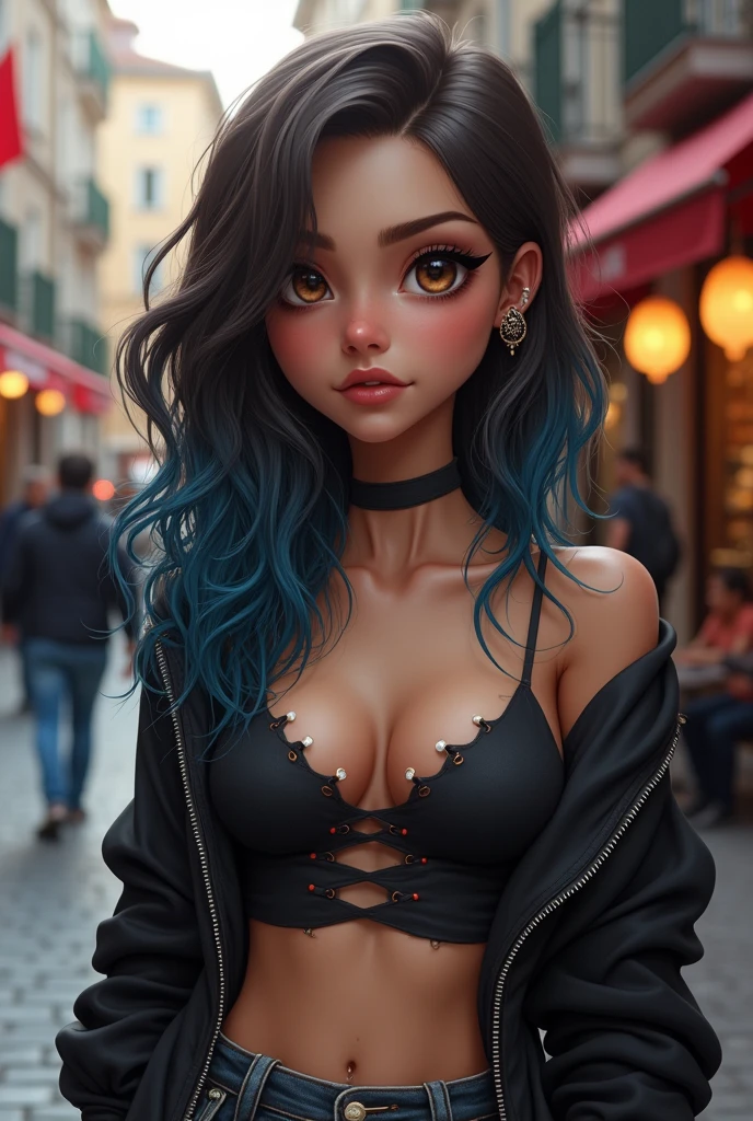 short, overweight but healthy. Her hair is wavy and dark brown, the tips are turning blue. Her eyes are light brown and hazel tones. She has many piercings in her ears and her outfit is cool, in a unique way. and turkish