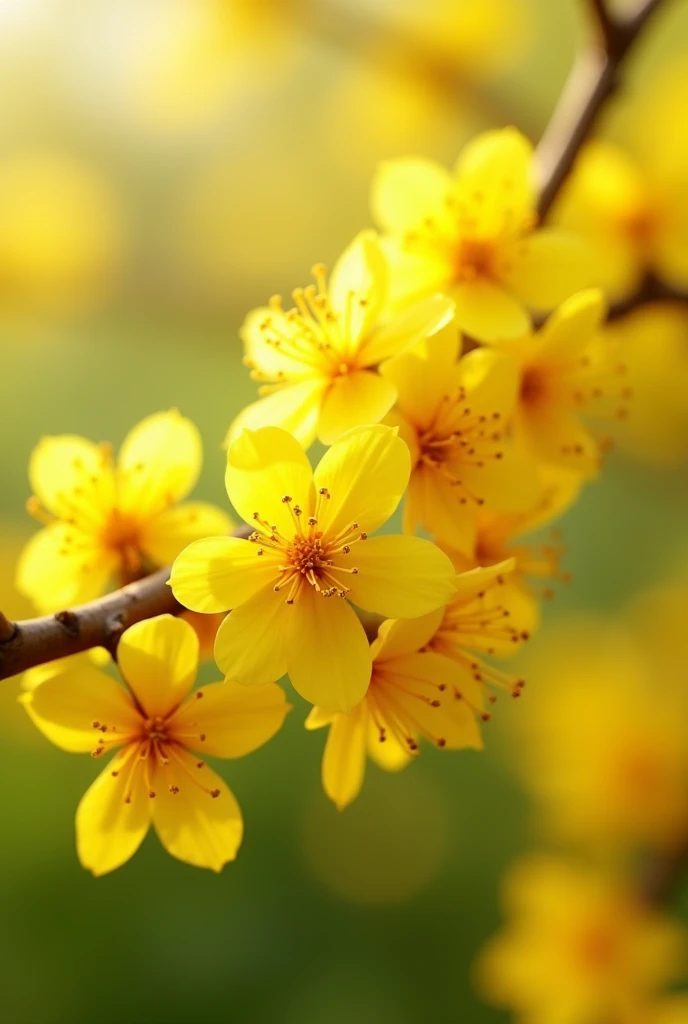 Set of yellow flowers on a tree branch