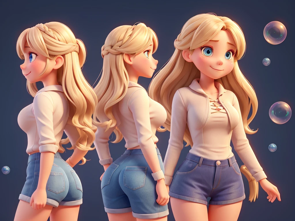 small woman, long dark blonde hair, cute face, cute smile, blue eyes, big boobs, slim waist, wide hips,  huge ass, wide thighs, pink skin, multiple views of the same character, model sheet, character sheet, character sheet, front view, FEET TOGETHER, standing, arms outstretched to the sides, side view, profile view, standing, look to the right