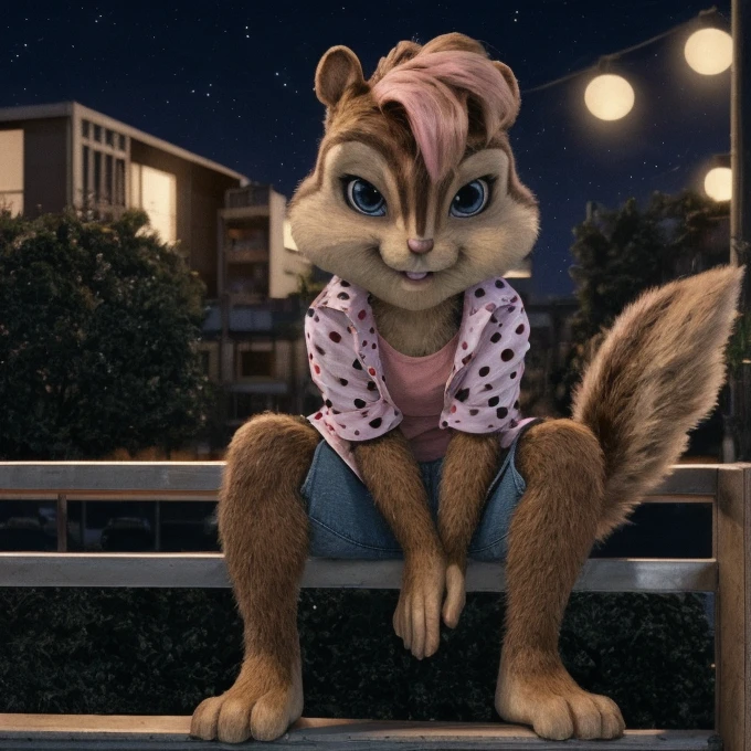 score_9, score_8_up, score_7, score_6, nightime, brittany miller, chipmunk, furry, short ears, light pink shirt top, jean jacket, pink skirt with black polka dots, sitting, looking at viewer, 6 inches tall