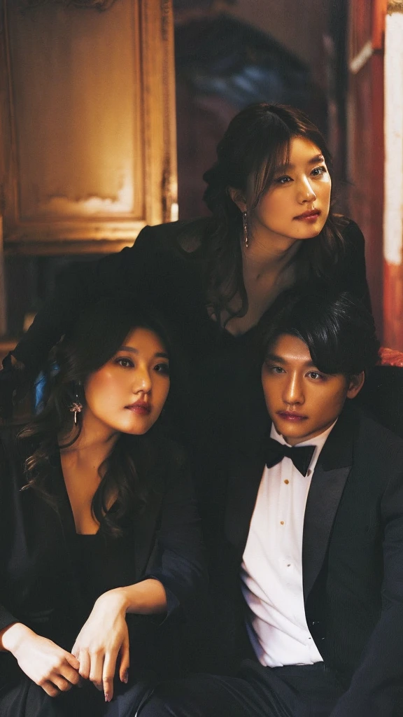 Beautiful woman wearing a black dress. Handsome man wearing a black suit mafia vibes. Boudoir shoot. Dark romance couple vibes.