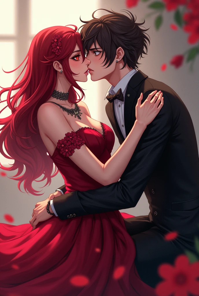 a girl with red hair red eyes tough gothic manner kissing sitting on his lap brown hair green eyes royal princess dress anime style they are kissing passionately ANIME cartoon style