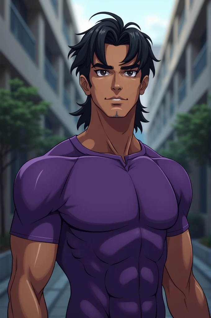 Young man+ stark+ with a serious appearance but subtle touches of happiness+ dark shaped eyes+ medium and black hair+ corte mullet + tanned white skin+ athletic physique between meso and ecto morph+  well-defined medium lips+ with purple compression shirt that clings well to the muscles + background academy