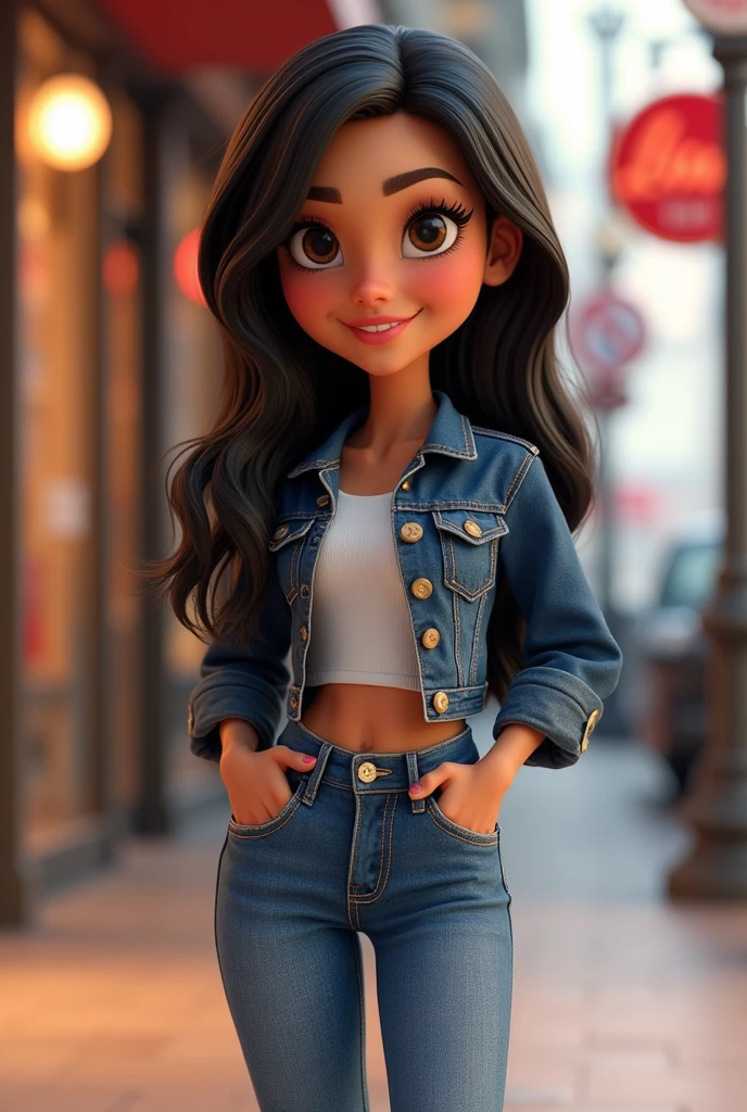 3D character from Disney animation, Pixar style, full body, smiling, brown eyes with beautiful eyelashes, the glamorous one, shoulder-length straight black hair, denim clothes, jacket, black tennis shoes, clean bottom. cinematic lighting, ray tracing, high details, 3D rendering with hands on waist and holding a credit card