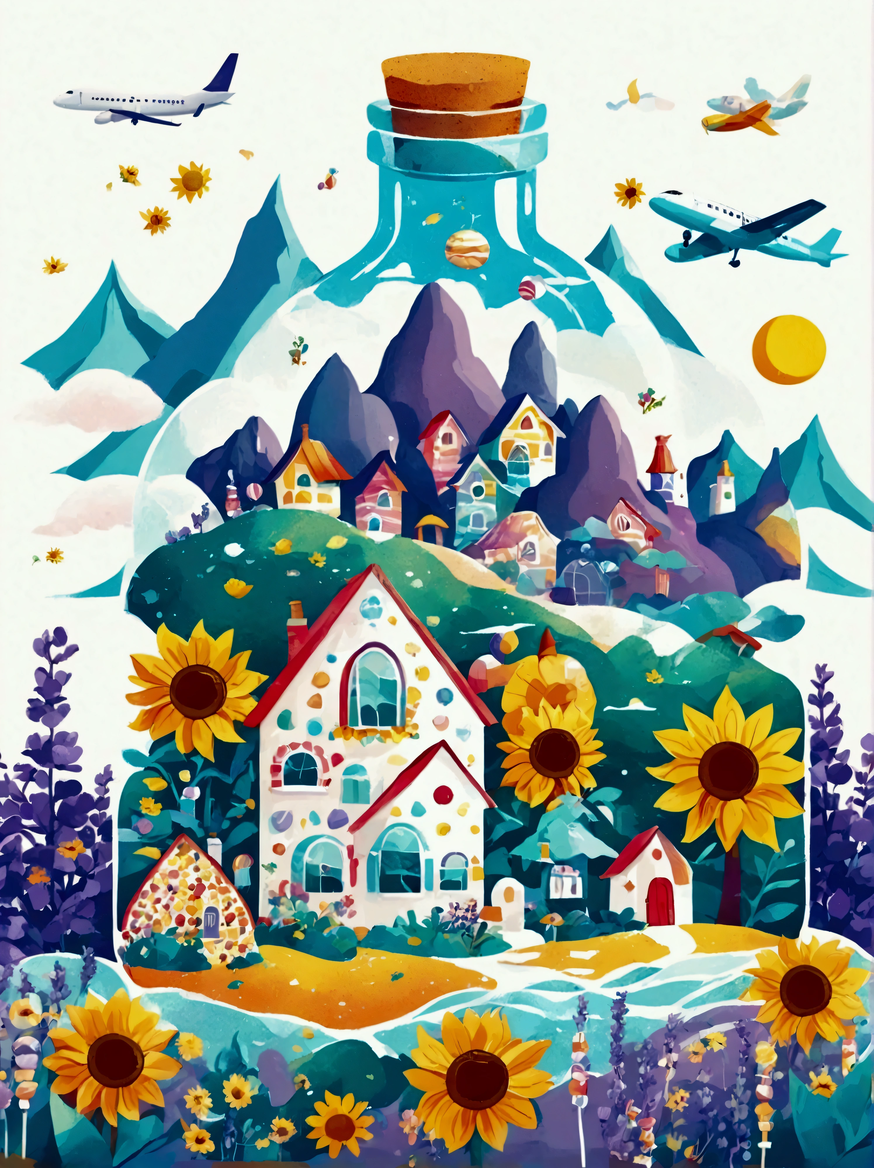 (flat, user interface vector style), (world in a bottle), heavenly colors, colorful fantasy candy house, fairy tale world, spring, seaside, rios, tree house, sunflower field, lavender, mountains, peaks, big trees, (simple illustration), (smooth line art: 1.2), (minimalism), white background, (graphic design aesthetics), (flat illustration), (Plane illustration)