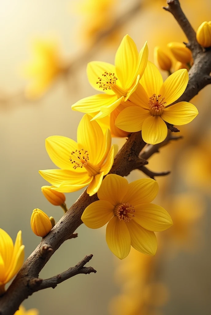 Set of yellow flowers on a dull tree branch