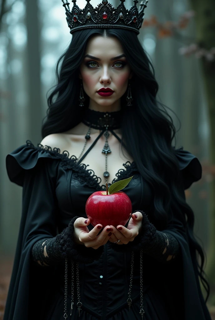 Arafad woman in black gothic dress and crown. holds an apple.photorealistic.girl,black long hair,Black queen,Accessories,An apple in your hand,poisonous apples,Queen Witch,Red lipstick