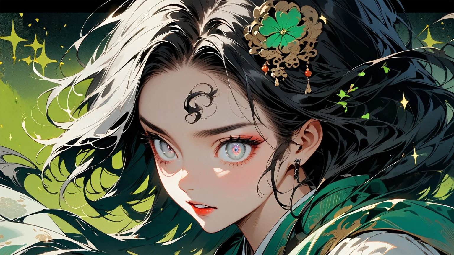 Ink painting, (((1 girl)), (((White teeth))), (((Great hair accessories))), Demon possession, (((White eyes with an inscription inside them))),Face up close, Japanese beauty, White hair, Sensitive and precise, Modern Ukiyo-e style, (((Thick, shiny, medium-length black hair with curly strands that fall over the forehead.))), (((Wide, sharp eyes of bright green color, with a slight sparkle.)))Fair-skinned with a small scar on the cheek or above the eye, wears a uniform similar to that of traditional demon hunters in anime with special touches such as a different color or additional details such as an ornate belt or a long robe in dark colors, his facial expressions are often serious or wary, with a deep look that indicates his experience and expertise in battles,