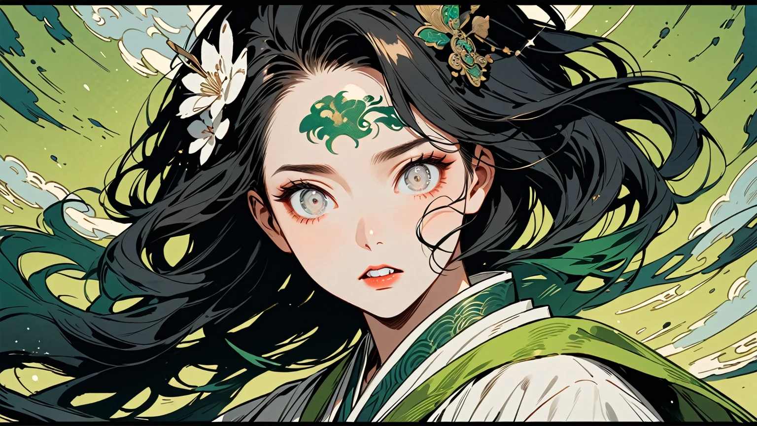 Ink painting, (((1 girl)), (((White teeth))), (((Great hair accessories))), Demon possession, (((White eyes with an inscription inside them))),Face up close, Japanese beauty, White hair, Sensitive and precise, Modern Ukiyo-e style, (((Thick, shiny, medium-length black hair with curly strands that fall over the forehead.))), (((Wide, sharp eyes of bright green color, with a slight sparkle.)))Fair-skinned with a small scar on the cheek or above the eye, wears a uniform similar to that of traditional demon hunters in anime with special touches such as a different color or additional details such as an ornate belt or a long robe in dark colors, his facial expressions are often serious or wary, with a deep look that indicates his experience and expertise in battles,