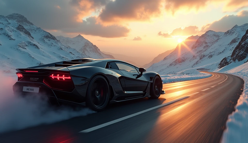 a black supercar speeding through the mountains, cinematic composition, professional photography, dramatic lighting, highly detailed, photorealistic, 8k, ultra-detailed, volumetric fog, dramatic clouds, winding road, snow-capped peaks, golden hour lighting, glowing sunset, reflections on the car body, dynamic motion blur, intricate details, luxurious interior, powerful engine, sleek aerodynamic design, (best quality,4k,8k,highres,masterpiece:1.2),ultra-detailed,(realistic,photorealistic,photo-realistic:1.37)