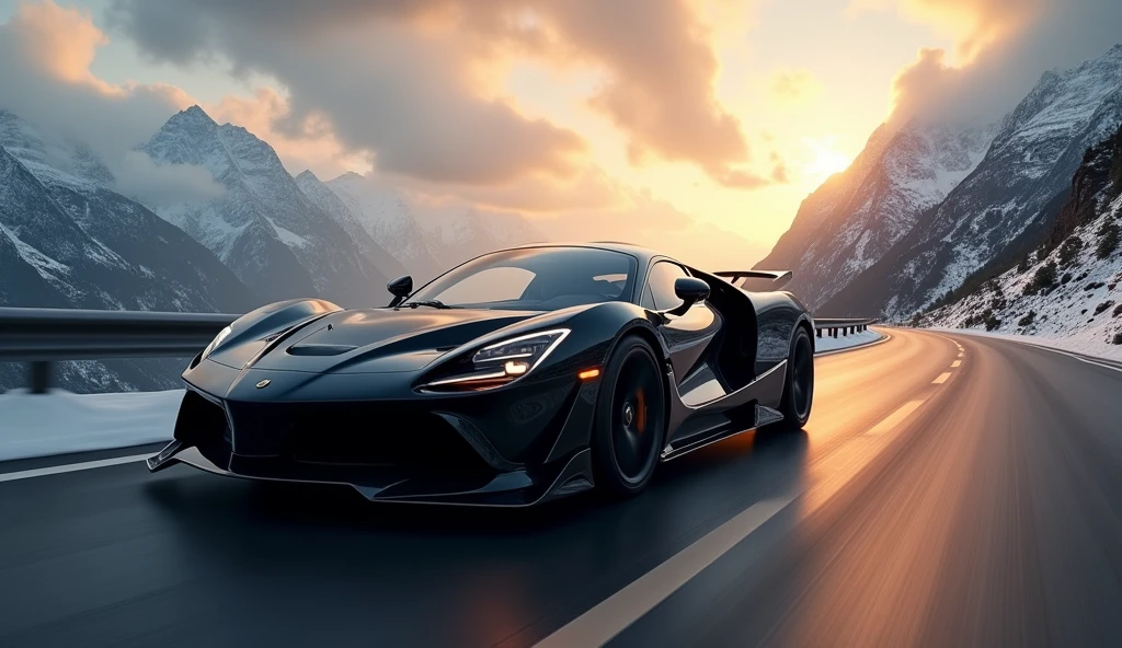 a black supercar speeding through the mountains, cinematic composition, professional photography, dramatic lighting, highly detailed, photorealistic, 8k, ultra-detailed, volumetric fog, dramatic clouds, winding road, snow-capped peaks, golden hour lighting, glowing sunset, reflections on the car body, dynamic motion blur, intricate details, luxurious interior, powerful engine, sleek aerodynamic design, (best quality,4k,8k,highres,masterpiece:1.2),ultra-detailed,(realistic,photorealistic,photo-realistic:1.37)