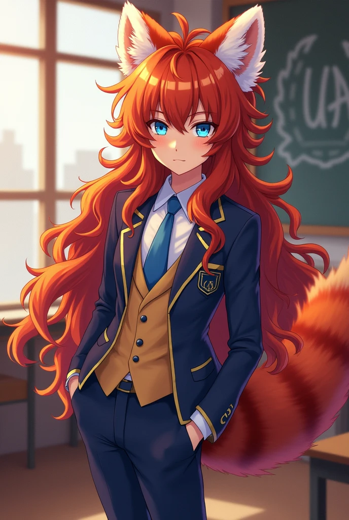 Anime character with very curly long red hair, ears and tail of a red panda, with blue eyes wearing the UA uniform and in the background he is in a UA class